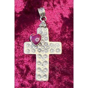 Handmade Sterling Silver Cross Pendant With Aurora Opal Heart & Floral Engraving